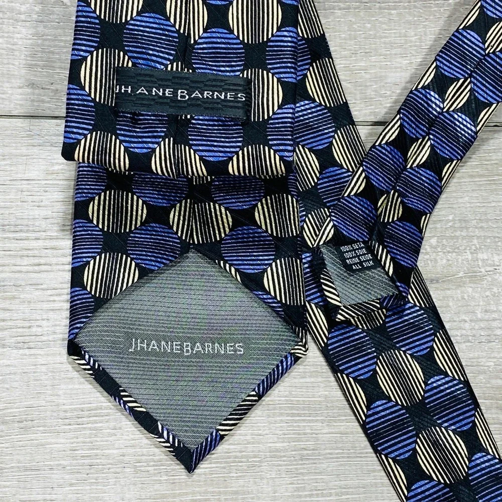 Jhane Barnes Tie Mens One Size Blue Beige Geometric Circle‎ Silk Necktie Classic